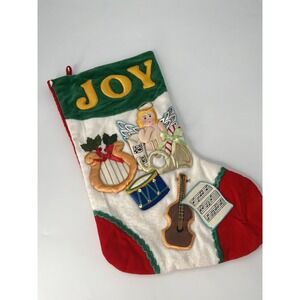 Vtg "JOY" Angel Harp Drums Felt Christmas Stocking Design Sequins Sock Decor